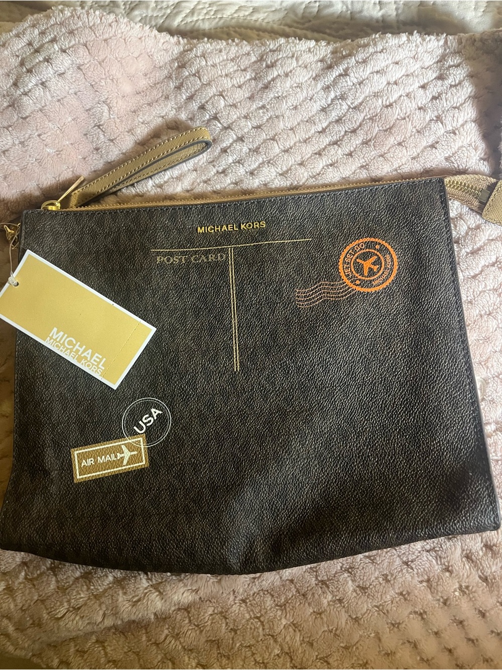 Michael Kors brown Travel Zip Pouch - Postcard Print